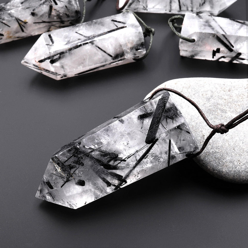 AAA Natural Black Tourmaline Rutilated Quartz Obelisk Point Pendant Side Drilled Long Crystal Tower