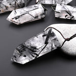 AAA Natural Black Tourmaline Rutilated Quartz Obelisk Point Pendant Side Drilled Long Crystal Tower