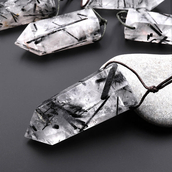 AAA Natural Black Tourmaline Rutilated Quartz Obelisk Point Pendant Side Drilled Long Crystal Tower