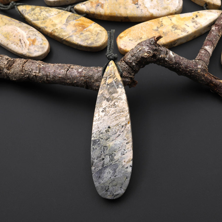 Natural Mexican Yellow Galaxy Jasper Pendant Top Side Drilled Long Teardrop Pendant