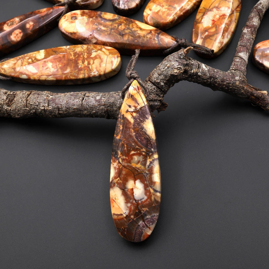 Natural Bird's Eye Rhyolite Long Teardrop Pendant Earthy Mauve Red Brown Jasper From Mexico