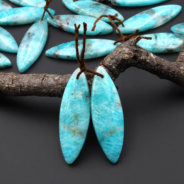 Natural Madagascar Blue Amazonite Marquise Leaf Shape Earring Drilled Matched Gemstone Bead Pair A1
