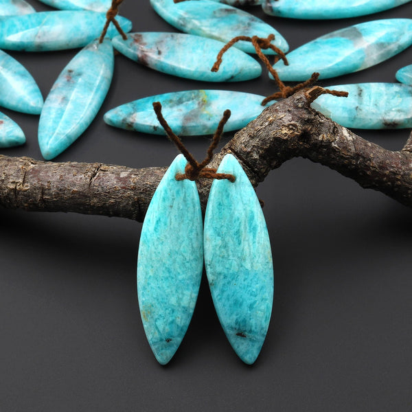 Natural Madagascar Blue Amazonite Marquise Leaf Shape Earring Drilled Matched Gemstone Bead Pair A3