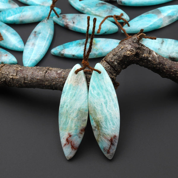 Natural Madagascar Blue Amazonite Marquise Leaf Shape Earring Drilled Matched Gemstone Bead Pair A5