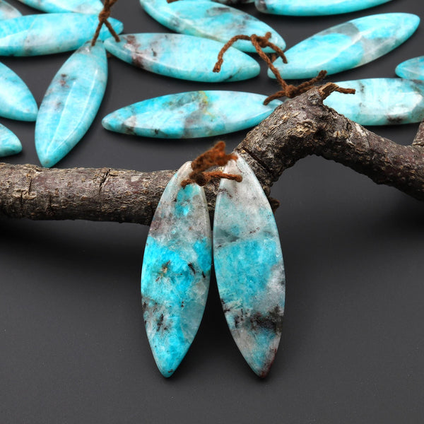 Natural Madagascar Blue Amazonite Marquise Leaf Shape Earring Drilled Matched Gemstone Bead Pair A6