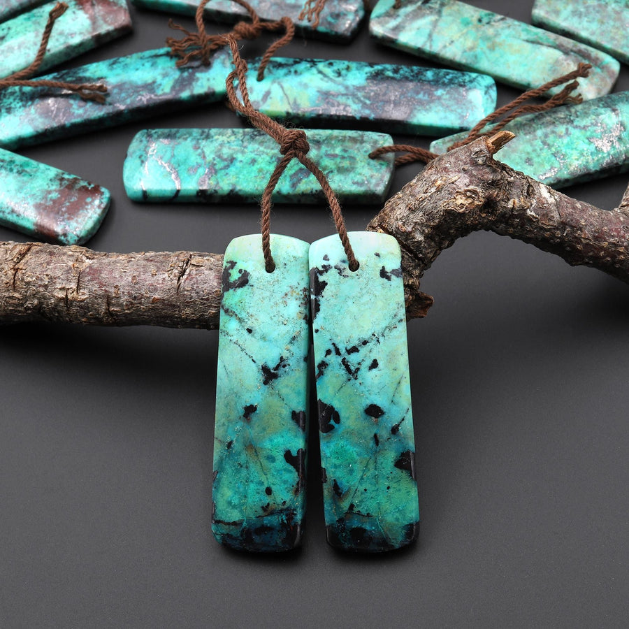 Rare Natural Green Blue Sonora Sunrise Cuprite Rectangle Earring Pair Drilled Matched Gemstone Beads