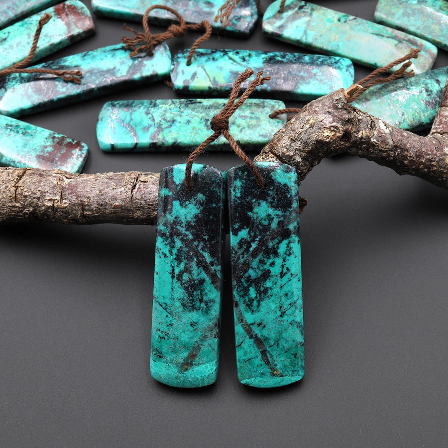 Rare Natural Green Blue Sonora Sunrise Cuprite Rectangle Earring Pair Drilled Matched Gemstone Beads A2