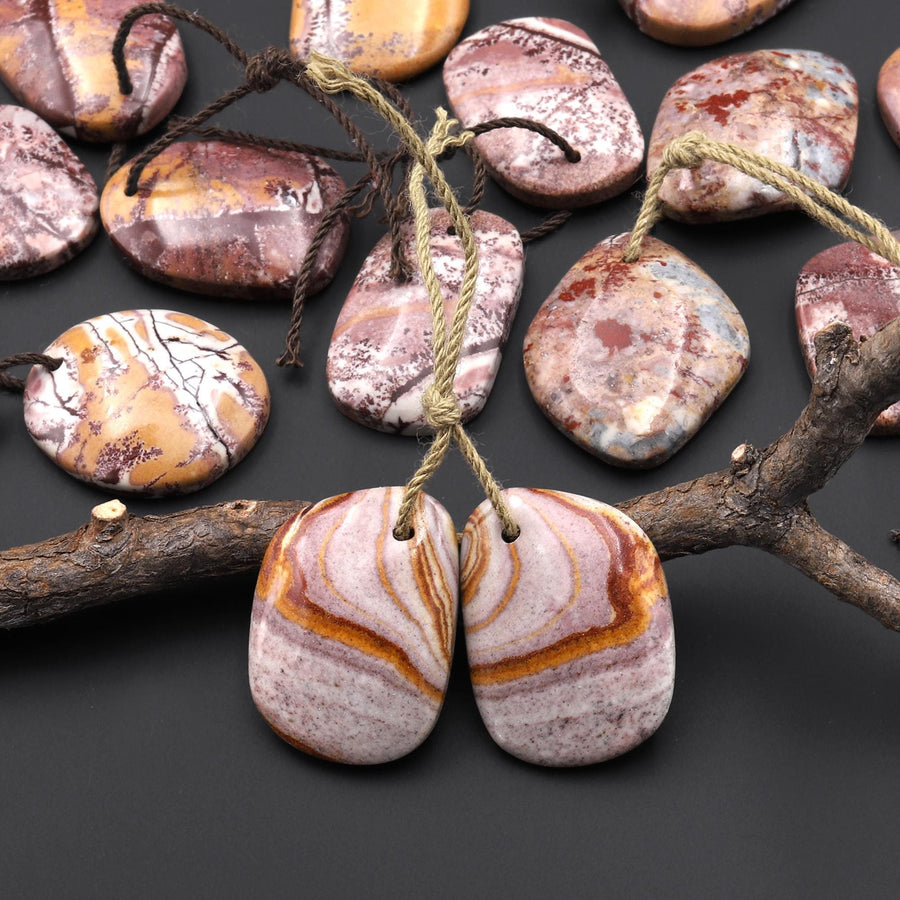 Natural Sonora Dendritic Rhyolite Jasper Freeform Oval Drop Shape Earring Drilled Gemstone Matched Beads Pair From Mexico
