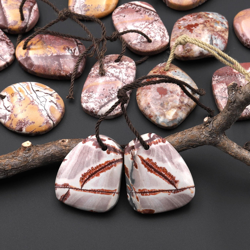 Natural Sonora Dendritic Rhyolite Jasper Freeform Oval Drop Shape Earring Drilled Gemstone Matched Beads Pair From Mexico A4