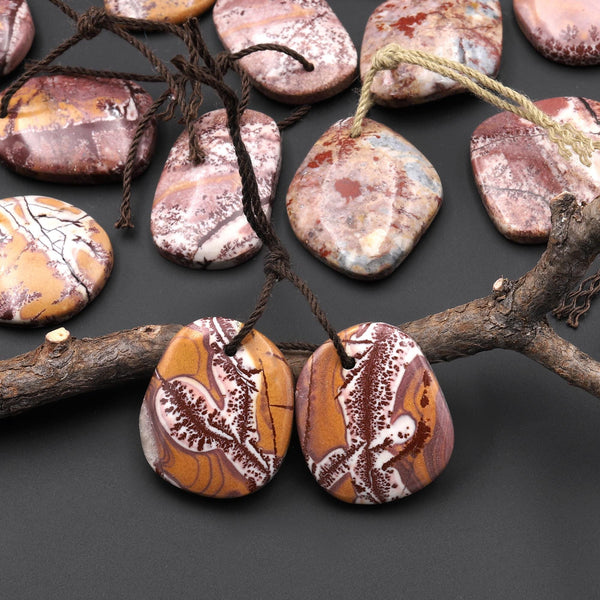 Natural Sonora Dendritic Rhyolite Jasper Freeform Oval Drop Shape Earring Drilled Gemstone Matched Beads Pair From Mexico A10