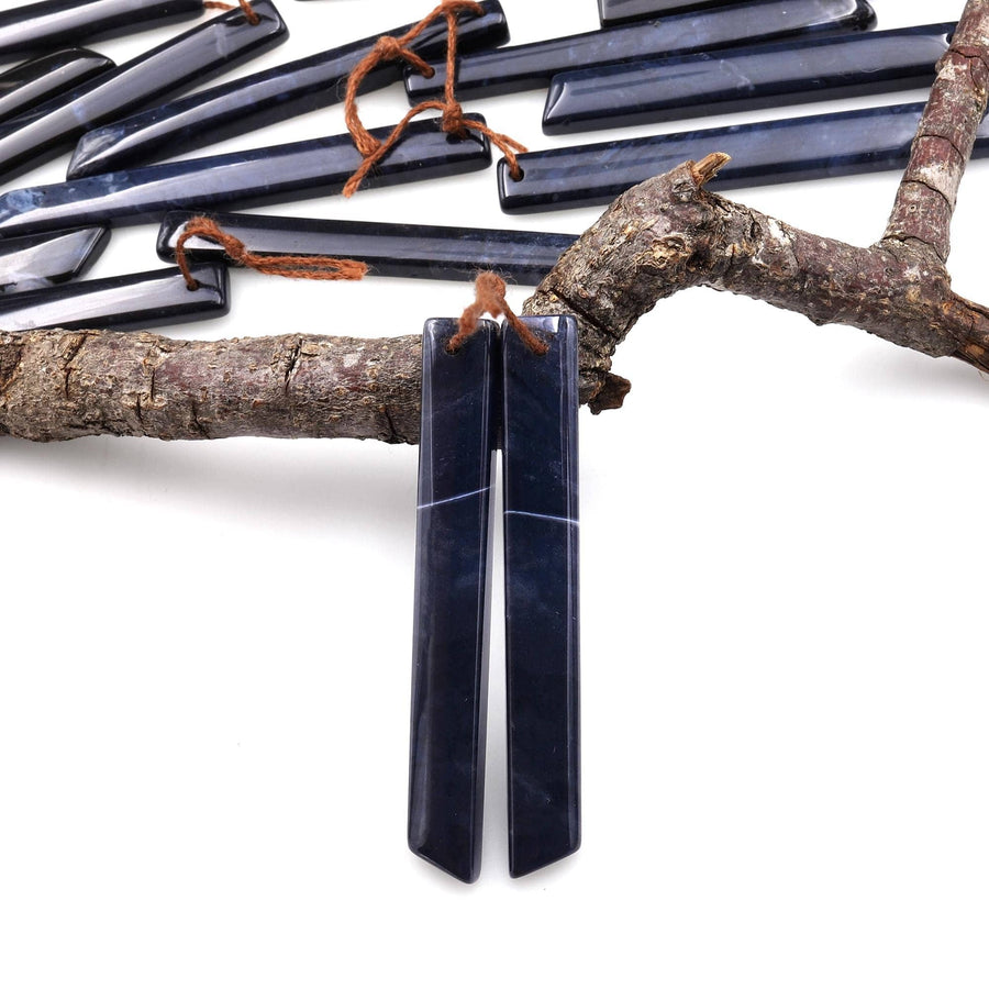 Rare Natural Midnight Dark Blue Onyx Thin Long Beveled Rectangle Spike Earring Pair Drilled Gemstone Matched Beads
