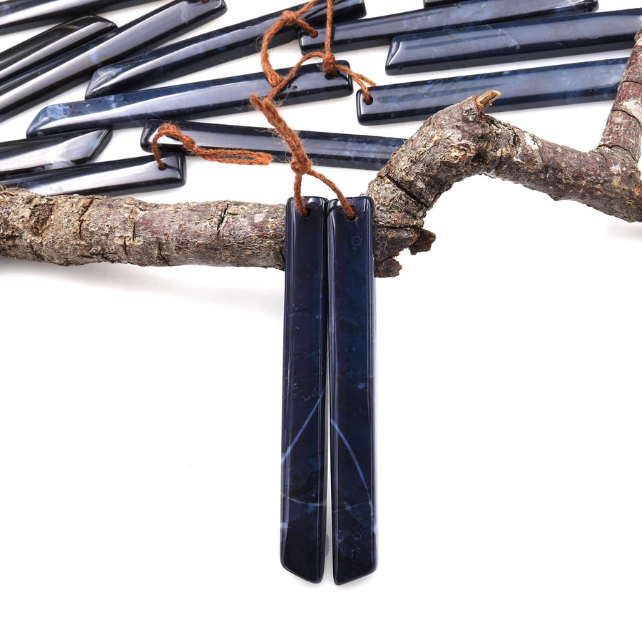 Rare Natural Midnight Dark Blue Onyx Thin Long Beveled Rectangle Spike Earring Pair Drilled Gemstone Matched Beads