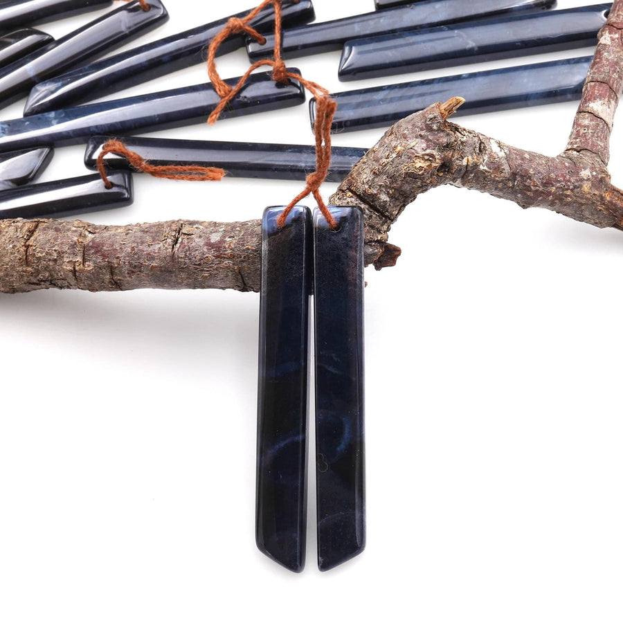 Rare Natural Midnight Dark Blue Onyx Thin Long Beveled Rectangle Spike Earring Pair Drilled Gemstone Matched Beads