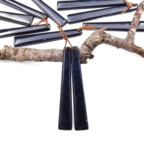 Rare Natural Midnight Dark Blue Onyx Thin Long Trapezoid Spike Earring Pair Drilled Gemstone Matched Beads A3