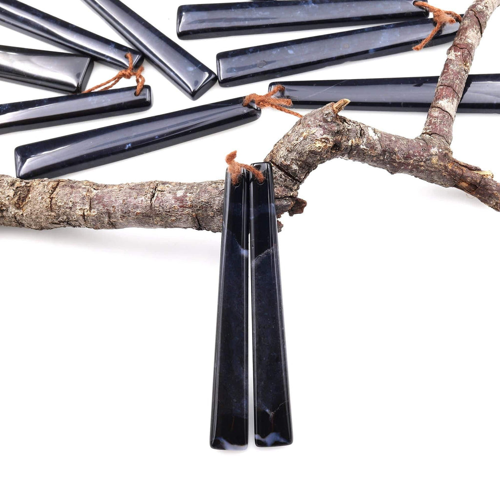 Rare Natural Midnight Dark Blue Onyx Thin Long Trapezoid Spike Earring Pair Drilled Gemstone Matched Beads A4