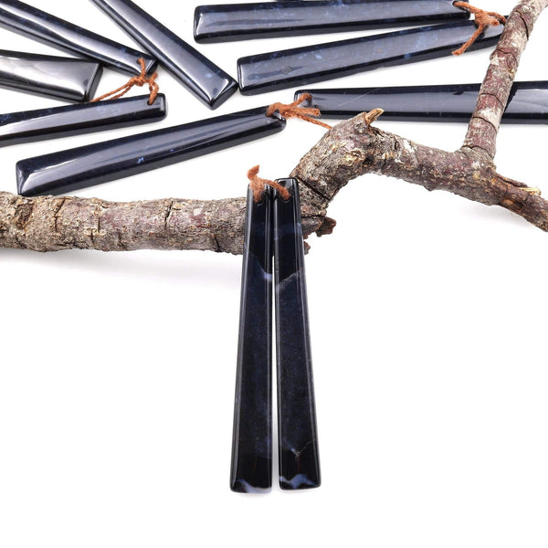 Rare Natural Midnight Dark Blue Onyx Thin Long Trapezoid Spike Earring Pair Drilled Gemstone Matched Beads A4