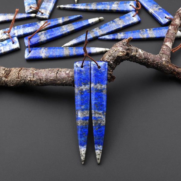 Natural Denim Blue Lapis Earring Pair Modern Long Dagger Triangle Matched Gemstone Beads A1