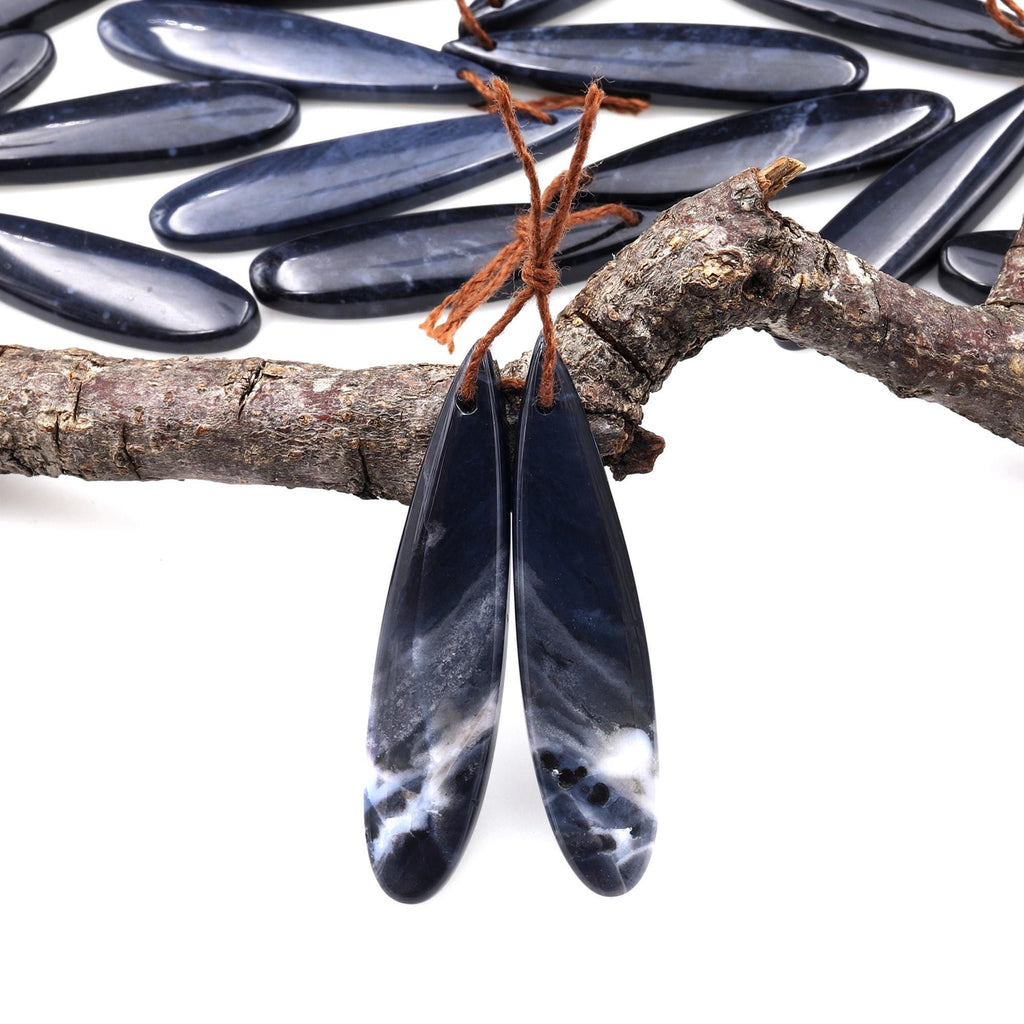 Rare Natural Midnight Dark Blue Onyx Teardrop Earring Pair Drilled Gemstone Matched Beads