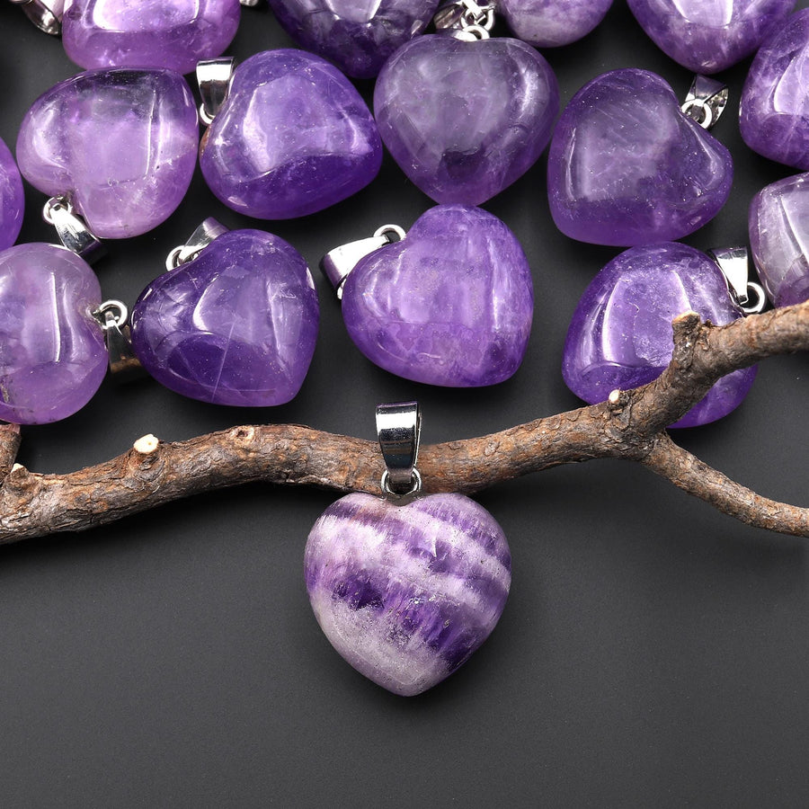 Natural Purple Amethyst Gemstone Puffy Heart Pendant Natural Crystal Focal Bead A2
