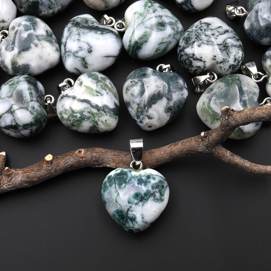 Small Natural Green Tree Agate Puffy Heart Pendant