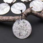 AAA Iridescent Carved Natural White Mother of Pearl Love Birds Parrot Circle Coin 32mm Pendant