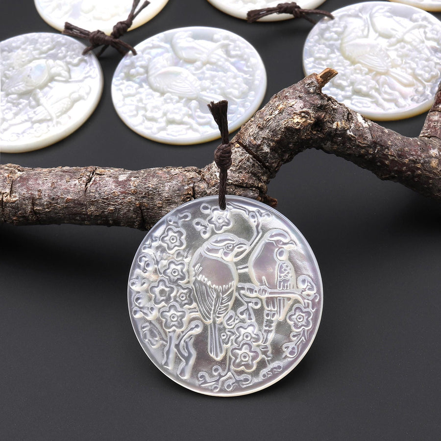 AAA Iridescent Carved Natural White Mother of Pearl Love Birds Parrot Circle Coin 32mm Pendant