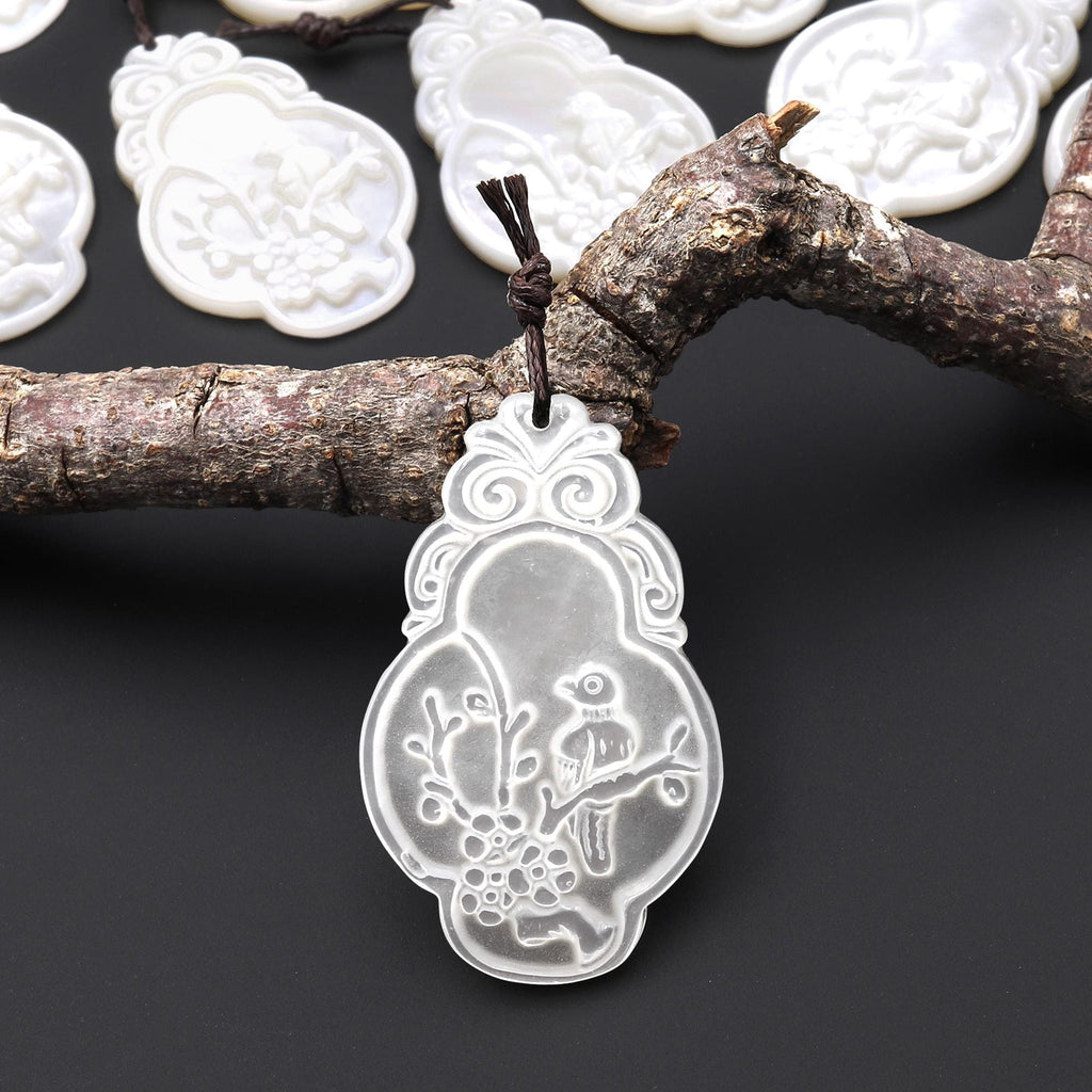AAA Iridescent Carved Natural White Mother of Pearl Bird Ornament Amulet Pendant