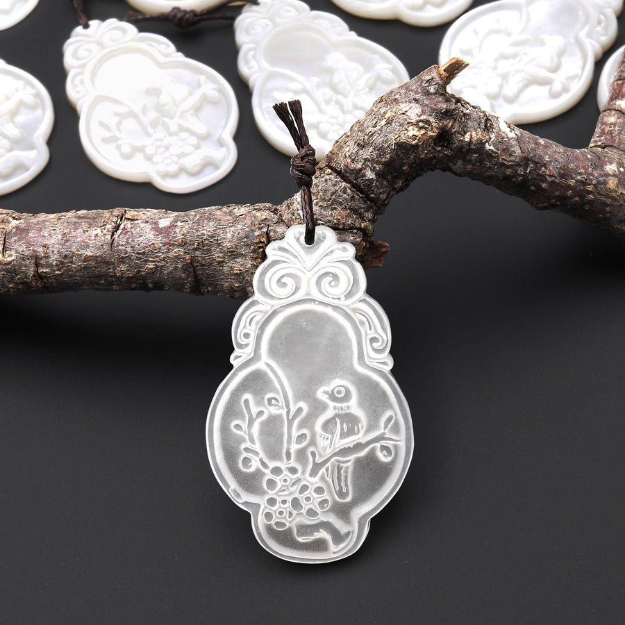 AAA Iridescent Carved Natural White Mother of Pearl Bird Ornament Amulet Pendant