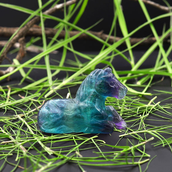 Hand-Carved Natural Fluorite Horse Figurine Crystal Miniature
