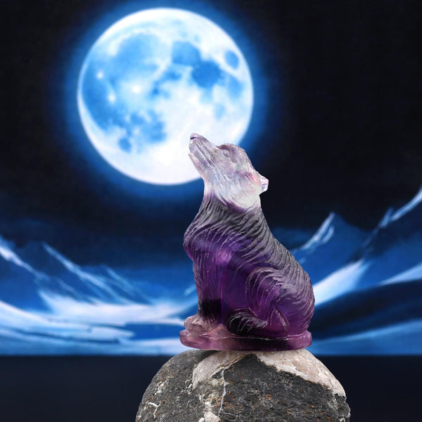 Hand-Carved Natural Purple Fluorite Wolf Howling Full Moon Figurine Crystal Miniature A2