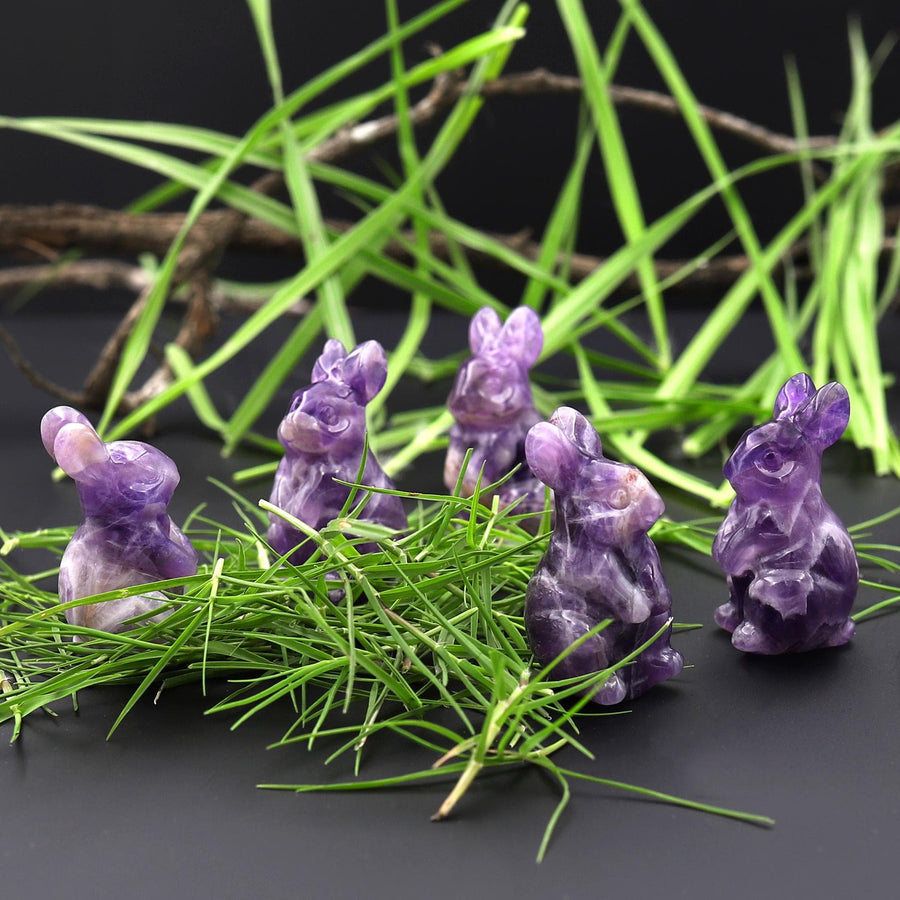 Hand-Carved Natural Purple Chevron Amethyst Bunny Rabbit Figurine Crystal Miniature