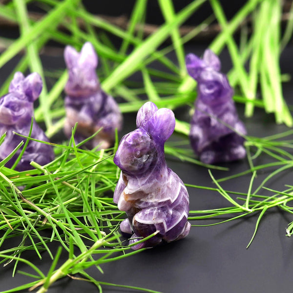 Hand-Carved Natural Purple Chevron Amethyst Bunny Rabbit Figurine Crystal Miniature