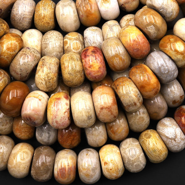 AAA Natural Fossil Coral Smooth Rondelle Beads 8mm 10mm 12mm 14mm 16mm 18mm Golden Brown Beige Tan Yellow Gemstone 8"