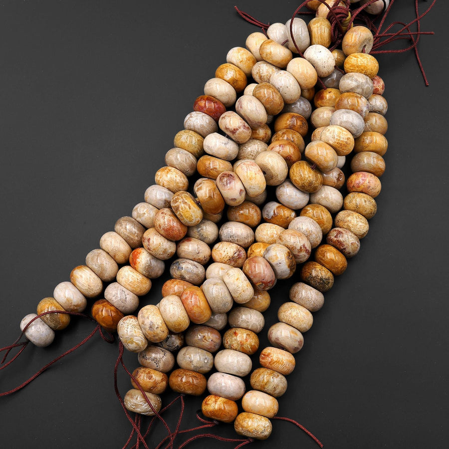 AAA Natural Fossil Coral Smooth Rondelle Beads 8mm 10mm 12mm 14mm 16mm 18mm Golden Brown Beige Tan Yellow Gemstone 8"