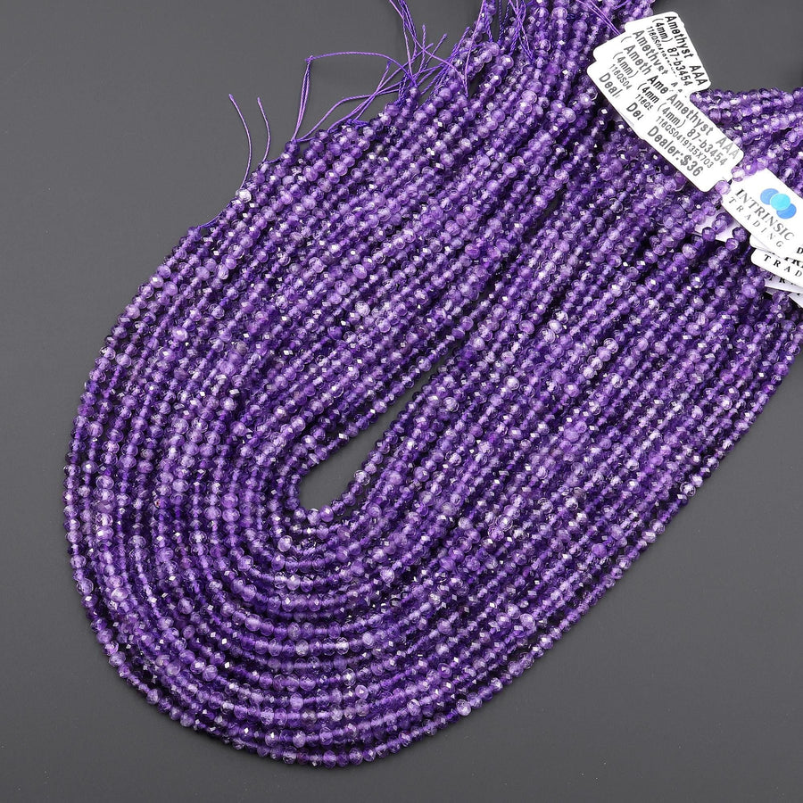 AAA Faceted Natural Purple Amethyst 4mm Rondelle Gemstone Beads 15.5" Strand