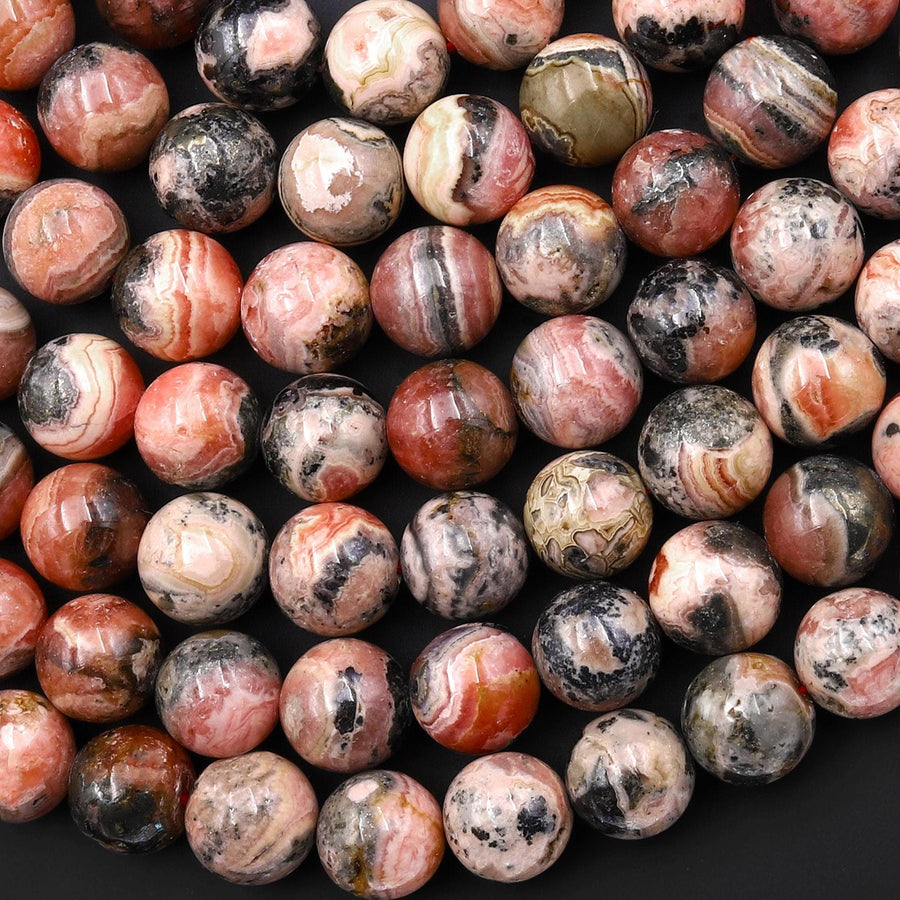 Natural Reddish Pink Rhodochrosite Beads Round 4mm 5mm 6mm 7mm 8mm 10mm Gemstone W Black Iron Matrix 15.5" Strand