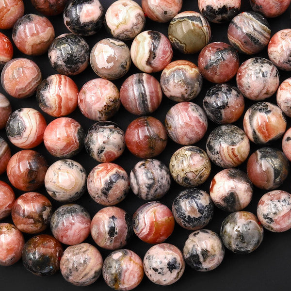 Natural Reddish Pink Rhodochrosite Beads Round 4mm 5mm 6mm 7mm 8mm 10mm Gemstone W Black Iron Matrix 15.5" Strand