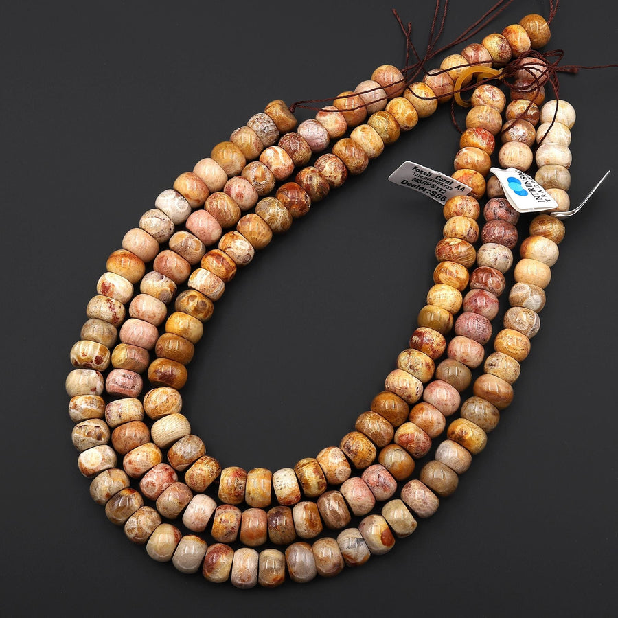 AAA Natural Fossil Coral Smooth Rondelle Beads 12mm Colorful Orange Red Pink 15.5" Strand