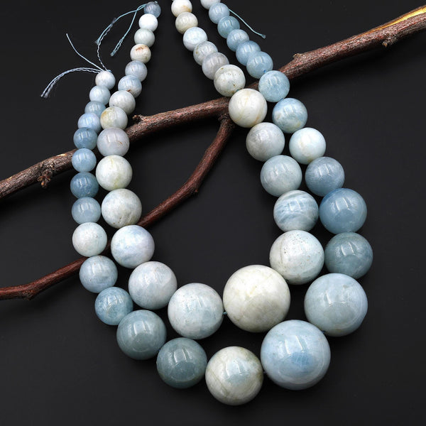 Graduated Large Natural Blue Aquamarine Smooth Round 10mm 30mm Beads Gemstone 18" Strand