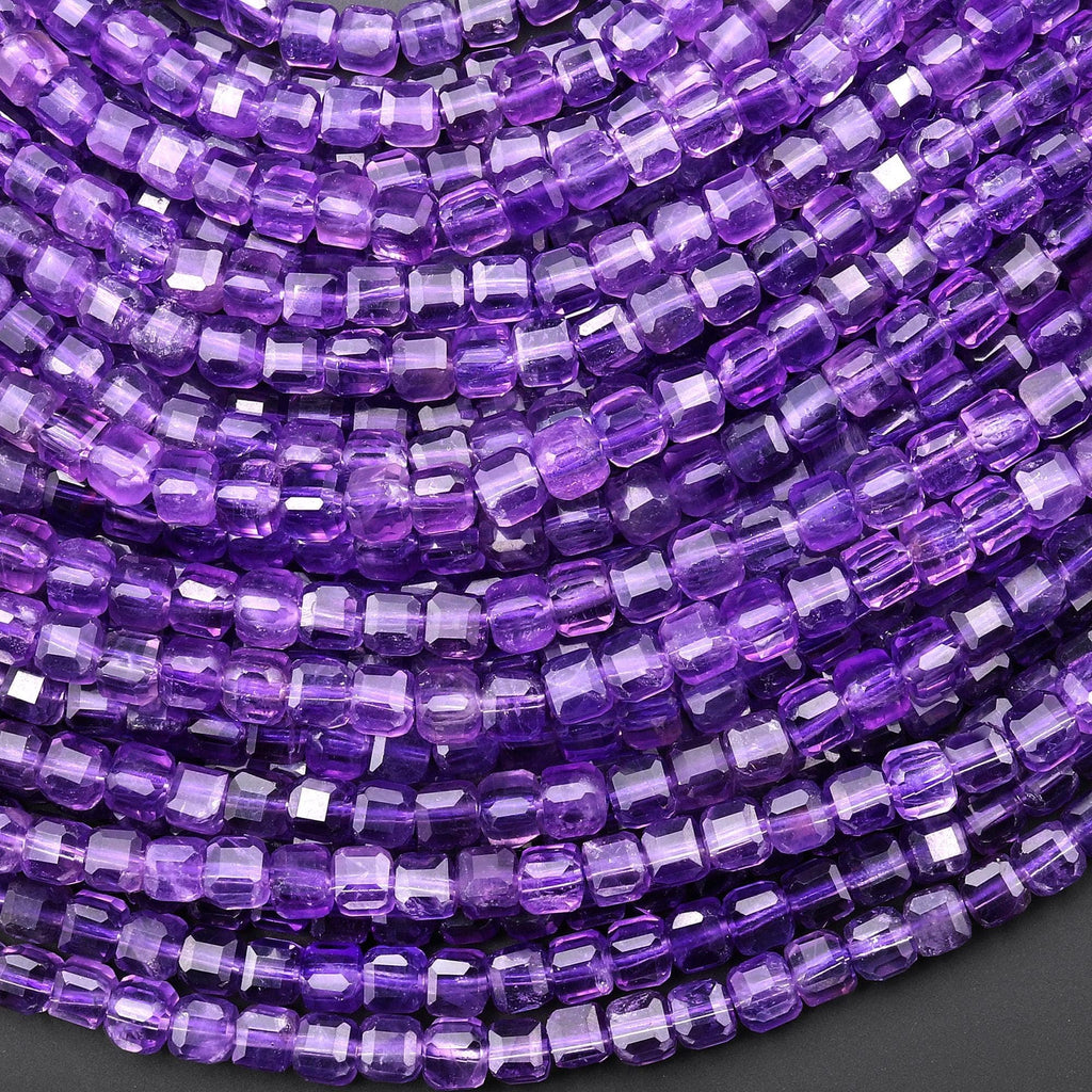 AAA Natural Purple Amethyst 2mm 3mm 4mm Faceted Cube Square Dice Beads 15.5" Strand