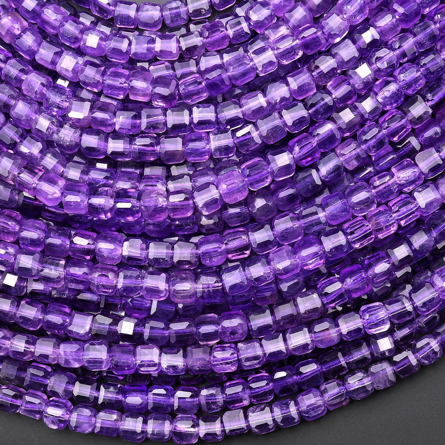 AAA Natural Purple Amethyst 2mm 3mm 4mm Faceted Cube Square Dice Beads 15.5" Strand