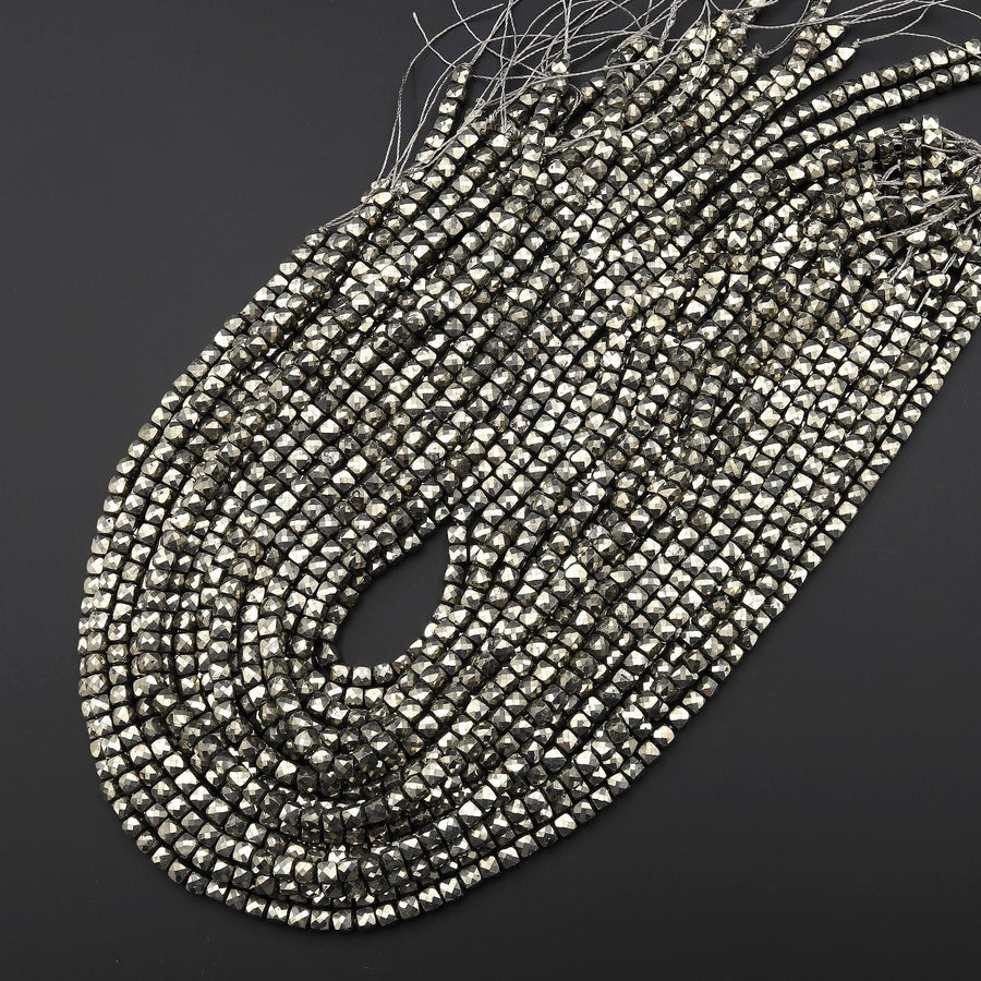 AAA Natural Iron Pyrite Faceted 4mm Cube Beads Diamond Cut Gemstone 15.5" Strand