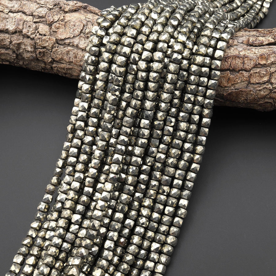 AAA Natural Iron Pyrite Faceted 4mm Cube Beads Diamond Cut Gemstone 15.5" Strand