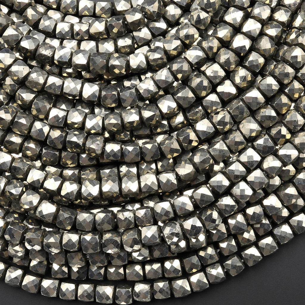 AAA Natural Iron Pyrite Faceted 4mm Cube Beads Diamond Cut Gemstone 15.5" Strand