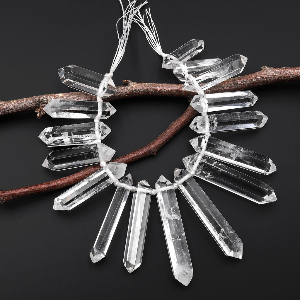 AAA Natural Rock Crystal Quartz Beads Long Double Terminated Points Side Drilled Focal Stone 8" Strand A1