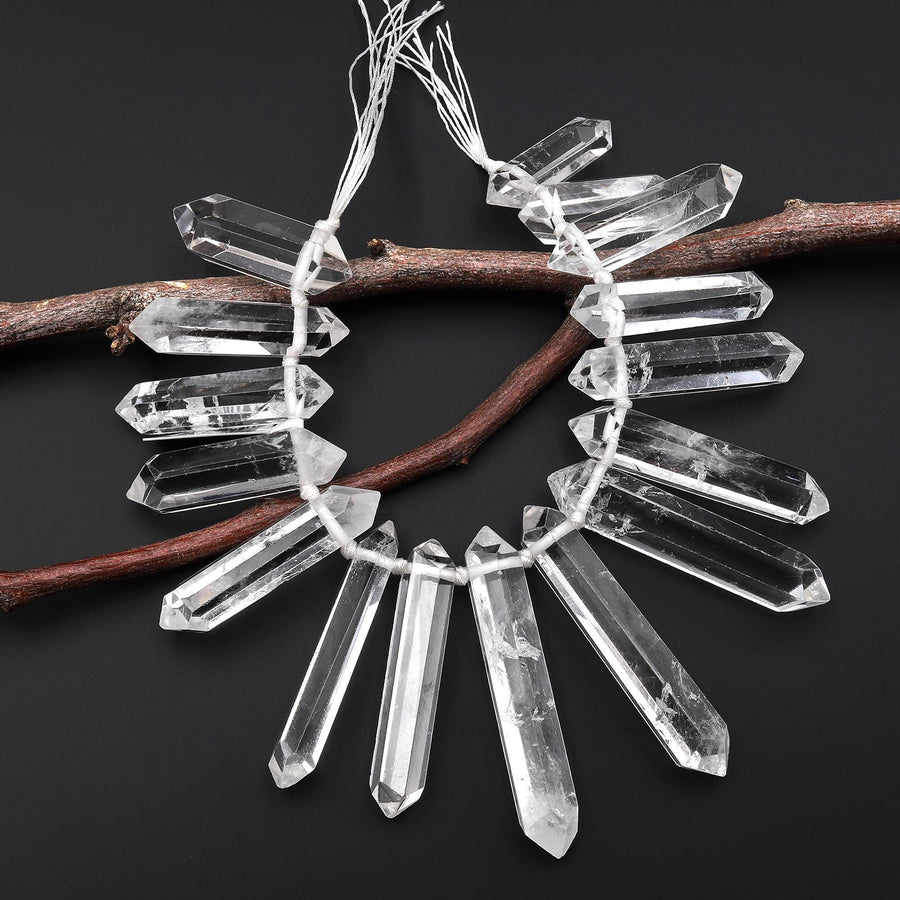 AAA Natural Rock Crystal Quartz Beads Long Double Terminated Points Side Drilled Focal Stone 8" Strand A1