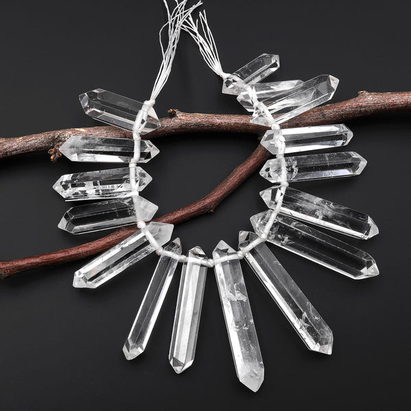 AAA Natural Rock Crystal Quartz Beads Long Double Terminated Points Side Drilled Focal Stone 8" Strand