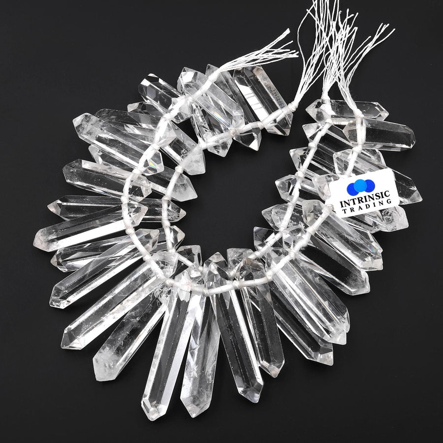 AAA Natural Rock Crystal Quartz Beads Long Double Terminated Points Side Drilled Focal Stone 8" Strand