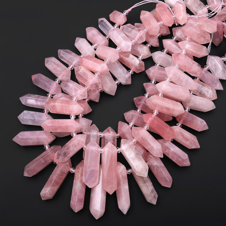 AAA Natural Madagascar Pink Rose Quartz Faceted Double Terminated Points Top Side Drilled Focal Pendant Beads 15.5" Strand