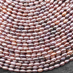AAA Small Genuine Freshwater Natural Metallic Mauve Pink Purple Pearl Oval Rice Shape Iridescent High Luster Pearl 15.5" Strand